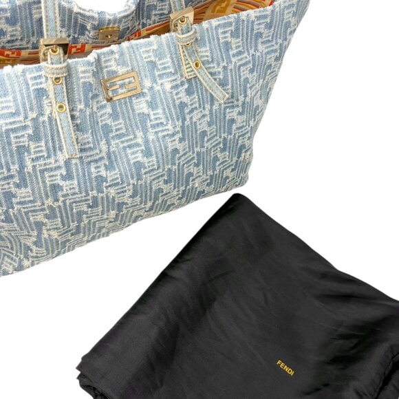 FENDI Vintage Zucca Monogram Denim Shoulder Tote Large Bag Blue FF Logo [106208] - Picture 5 of 16